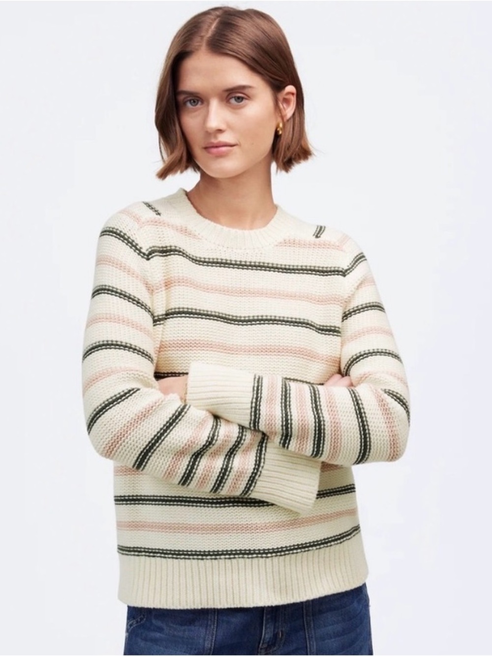 Madewell Cream Sweater w/ Pink and Green Stripes Cotton Knit Scoop Neck Size M